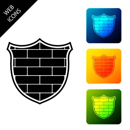 Shield with cyber security brick wall icon isolated on white background. Data protection symbol. Firewall logo. Network protection. Set icons colorful square buttons. Vector Illustrationのイラスト素材