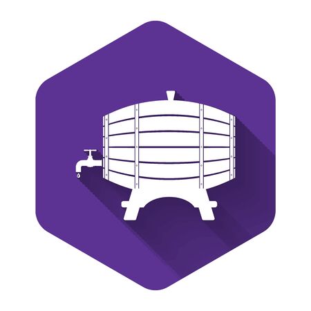 White Wooden barrel on rack with stopcock icon isolated with long shadow. Purple hexagon button. Vector Illustrationのイラスト素材