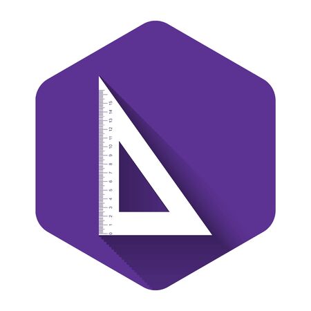 White Triangular ruler icon isolated with long shadow. Straightedge symbol. Geometric symbol. Purple hexagon button. Vector Illustrationのイラスト素材