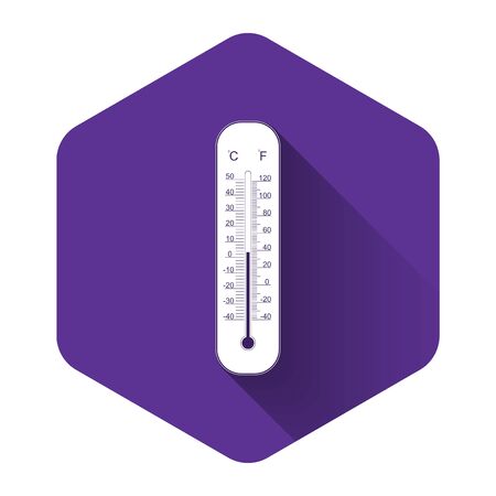 White Celsius and fahrenheit meteorology thermometers measuring heat and cold icon with long shadow. Thermometer equipment showing hot or cold weather. Purple hexagon button. Vector Illustrationのイラスト素材