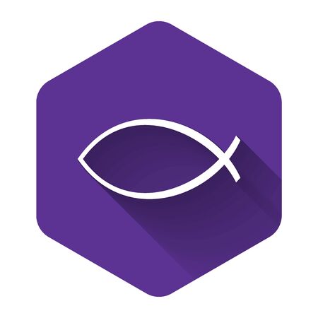 White Christian fish symbol icon isolated with long shadow. Jesus fish symbol. Purple hexagon button. Vector Illustrationのイラスト素材