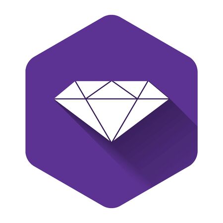 White Diamond icon isolated with long shadow. Jewelry symbol. Gem stone. Purple hexagon button. Vector Illustrationのイラスト素材