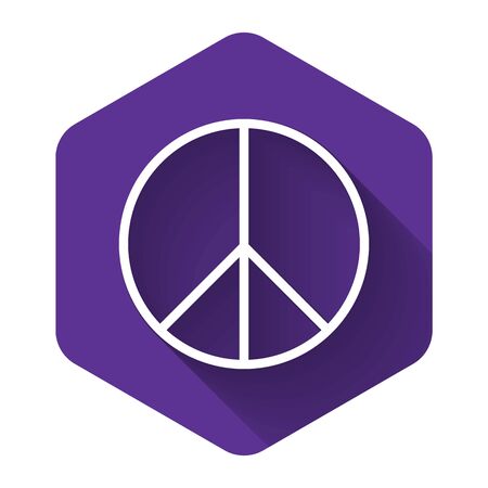 White Peace sign icon isolated with long shadow. Hippie symbol of peace. Purple hexagon button. Vector Illustrationのイラスト素材