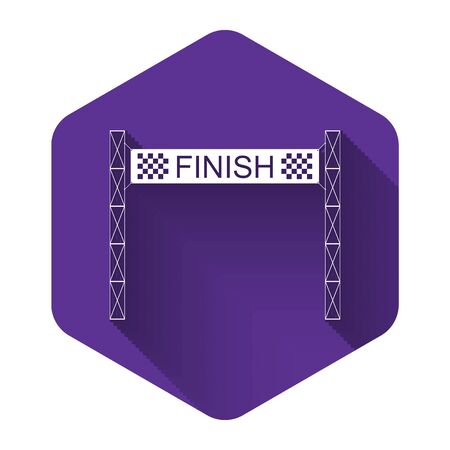 White Ribbon in finishing line icon isolated with long shadow. Symbol of finish line. Sport symbol or business concept. Purple hexagon button. Vector Illustrationのイラスト素材