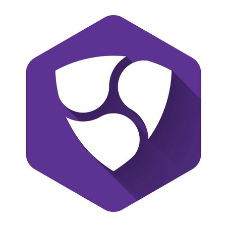 White Cryptocurrency coin NEM XEM icon with long shadow. Physical bit coin. Digital currency. Altcoin symbol. Blockchain based secure crypto currency. Purple hexagon button. Vector Illustrationのイラスト素材