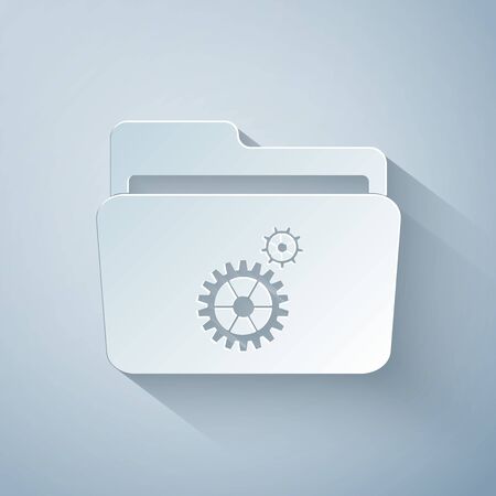 Paper cut Folder settings with gears icon on grey background. Concept of software update, transfer protocol, router, teamwork tool management, copy process. Paper art style. Vector Illustrationのイラスト素材