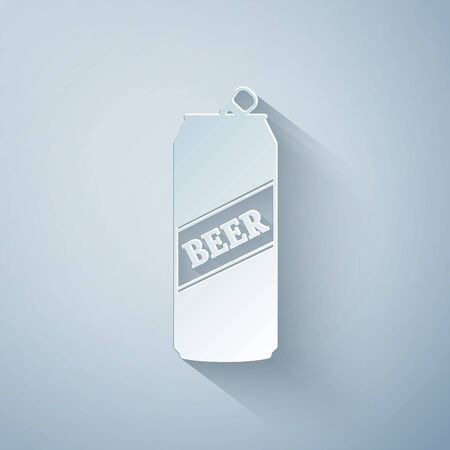Paper cut Beer can icon isolated on grey background. Paper art style. Vector Illustrationのイラスト素材