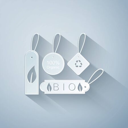 Paper cut Set of banners, labels, tags for eco green healthy foods icon isolated on grey background. Organic products. Healthy food stickers. Paper art style. Vector Illustrationのイラスト素材