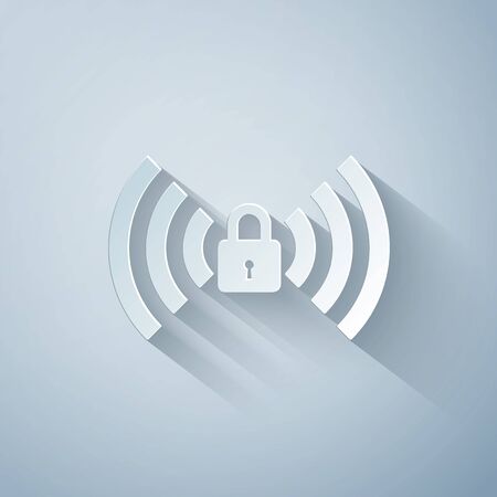 Paper cut Wifi locked sign icon isolated on grey background. Password Wi-fi symbol. Wireless Network icon. Wifi zone. Paper art style. Vector Illustrationのイラスト素材