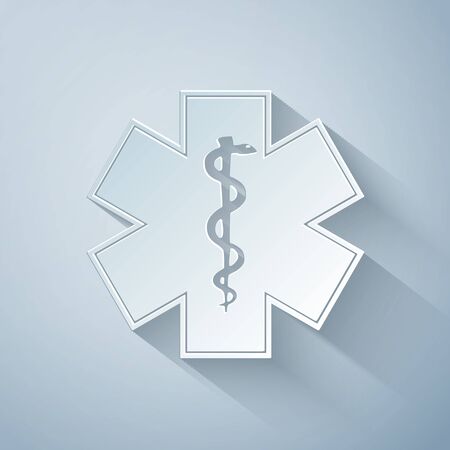 Paper cut Medical symbol of the Emergency - Star of Life icon isolated on grey background. Paper art style. Vector Illustrationのイラスト素材