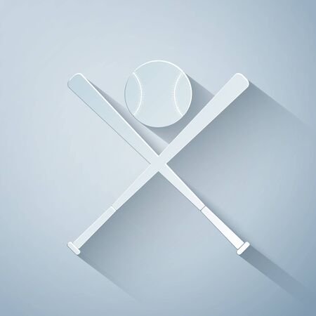 Paper cut Crossed baseball bats and ball icon isolated on grey background. Paper art style. Vector Illustrationのイラスト素材