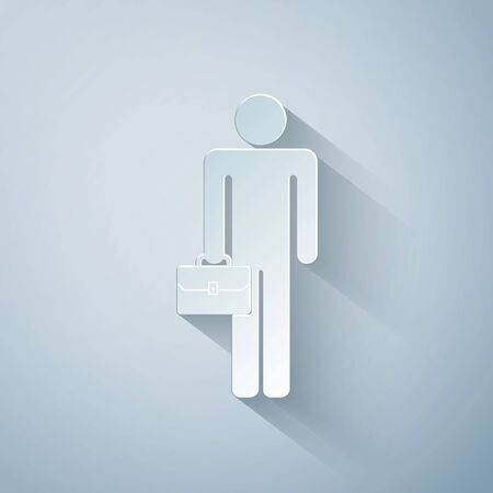 Paper cut Businessman man with briefcase icon isolated on grey background. Paper art style. Vector Illustrationのイラスト素材