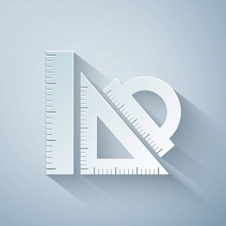 Paper cut Set ruler, triangular ruler and protractor icon isolated on grey background. Straightedge sign. Triangle sign. Geometrical instruments. Paper art style. Vector Illustrationのイラスト素材