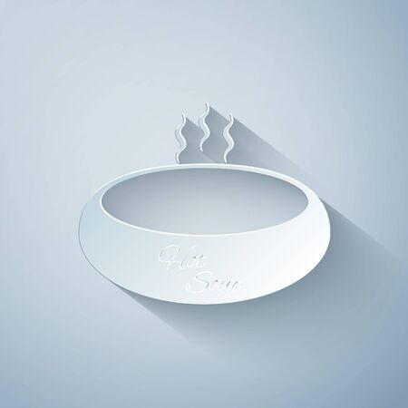 Paper cut Bowl of hot soup icon isolated on grey background. Paper art style. Vector Illustrationのイラスト素材