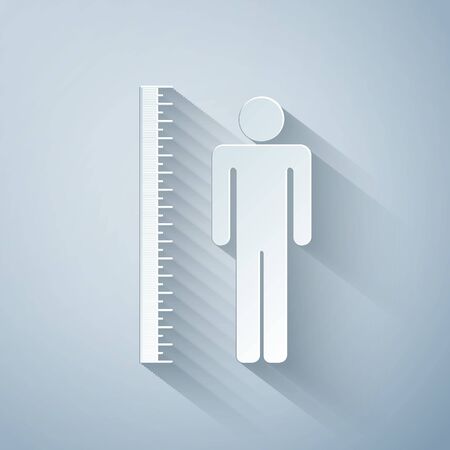 Paper cut Measuring height body icon isolated on grey background. Paper art style. Vector Illustrationのイラスト素材
