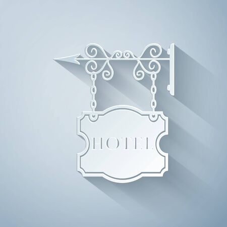 Paper cut Vintage signboard outdoor advertising with text Hotel icon isolated on grey background. Paper art style. Vector Illustrationのイラスト素材