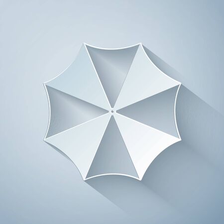 Paper cut Sun protective umbrella fo beach icon isolated on grey background. Large parasol for outdoor space. Beach umbrella. Summer vacation or picnic accessory. Paper art style. Vector Illustrationのイラスト素材