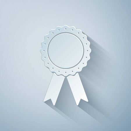 Paper cut Medal badge with ribbons icon isolated on grey background. Paper art style. Vector Illustrationのイラスト素材