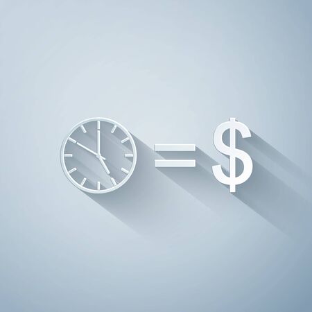 Paper cut Time is money icon isolated on grey background. Money is time. Effective time management. Convert time to money. Paper art style. Vector Illustrationのイラスト素材