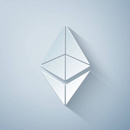 Paper cut Cryptocurrency coin Ethereum ETH icon on grey background. Physical bit coin. Digital currency. Altcoin symbol. Blockchain based secure crypto currency. Paper art style. Vector Illustrationのイラスト素材