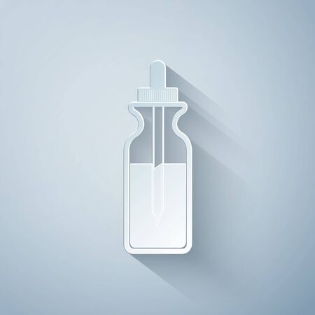 Paper cut Glass bottle with a pipette. Vial with a pipette inside and closed lid icon isolated on grey background. Container for medical and cosmetic product. Paper art style. Vector Illustrationのイラスト素材
