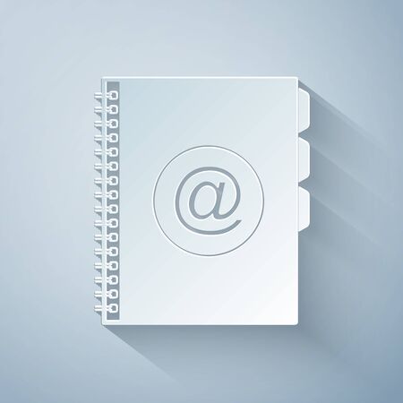 Paper cut Address book icon isolated on grey background. Notebook, address, contact, directory, phone, telephone book icon. Paper art style. Vector Illustrationのイラスト素材
