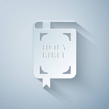 Paper cut Holy bible book icon isolated on grey background. Paper art style. Vector Illustrationのイラスト素材