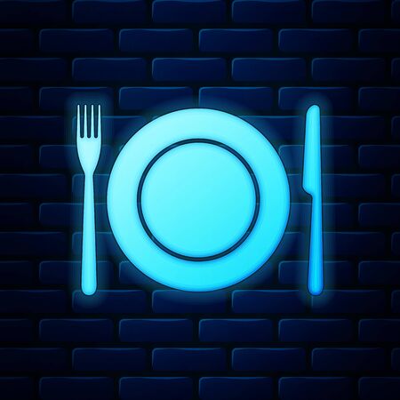 Glowing neon Plate, fork and knife icon isolated on brick wall background. Cutlery symbol. Restaurant sign.  Vector Illustrationのイラスト素材