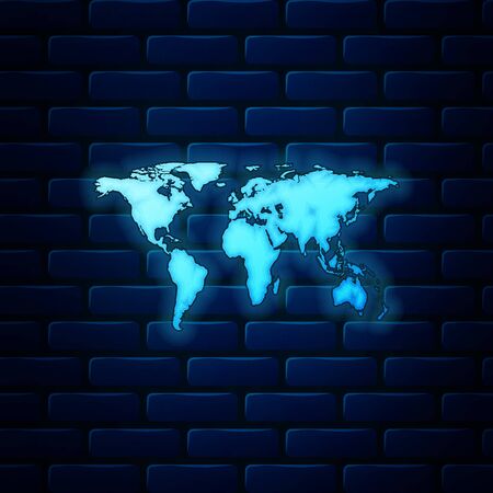 Glowing neon World map icon isolated on brick wall background. Vector Illustrationのイラスト素材