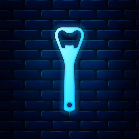Glowing neon Bottle opener icon isolated on brick wall background. Vector Illustrationのイラスト素材