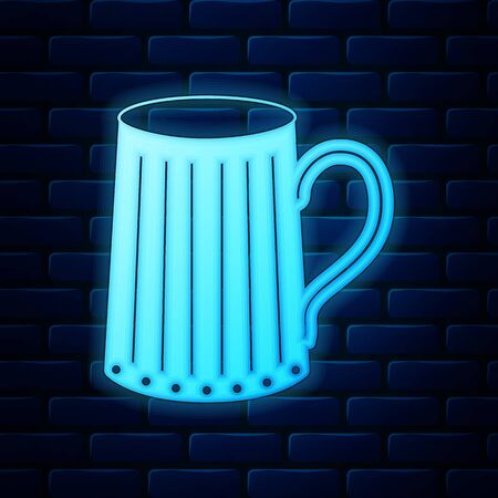 Glowing neon Wooden beer mug icon isolated on brick wall background. Vector Illustrationのイラスト素材