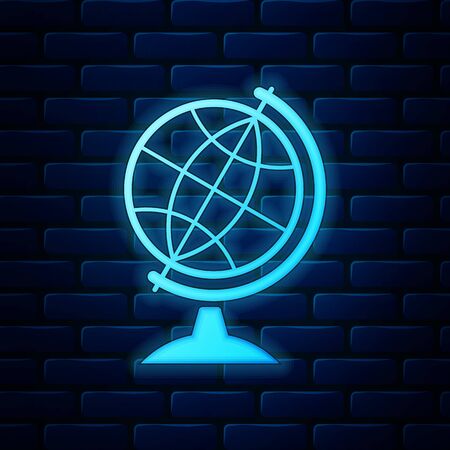 Glowing neon Earth globe icon isolated on brick wall background. Vector Illustrationのイラスト素材
