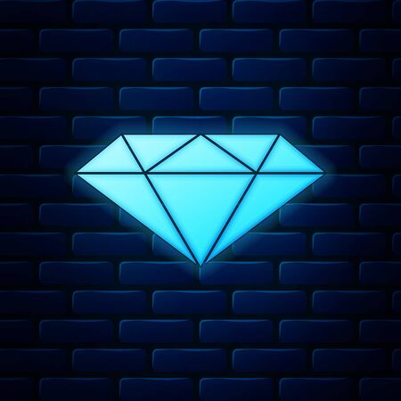Glowing neon Diamond icon isolated on brick wall background. Jewelry symbol. Gem stone. Vector Illustrationのイラスト素材