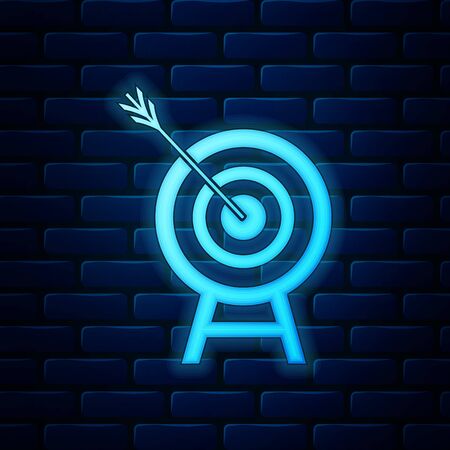 Glowing neon Target with arrow icon isolated on brick wall background. Dart board sign. Archery board icon. Dartboard sign. Business goal concept. Vector Illustrationのイラスト素材