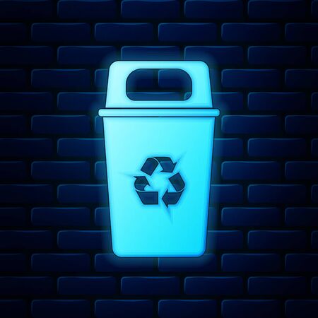 Glowing neon Recycle bin with recycle symbol icon isolated on brick wall background. Trash can icon. Garbage bin sign. Recycle basket sign. Vector Illustrationのイラスト素材