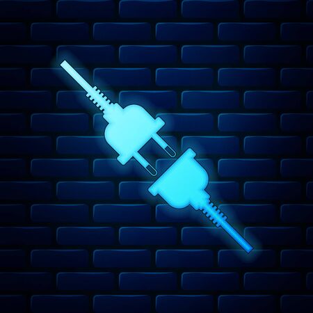 Glowing neon Electric wire plug and socket icon isolated on brick wall background. Vector Illustrationのイラスト素材