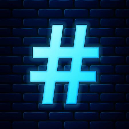Glowing neon Hashtag icon isolated on brick wall background. Social media symbol. Modern UI website navigation. Vector Illustrationのイラスト素材