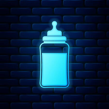 Glowing neon Baby bottle icon isolated on brick wall background. Feeding bottle icon. Milk bottle sign. Vector Illustrationのイラスト素材
