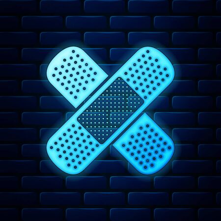 Glowing neon Set Bandage plaster icon isolated on brick wall background. Medical plaster, adhesive bandage, flexible fabric bandage. Vector Illustrationのイラスト素材