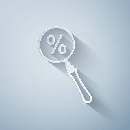 Paper cut Magnifying glass with percent discount icon isolated on grey background. Discount offers searching. Search for discount sale sign. Paper art style. Vector Illustrationのイラスト素材