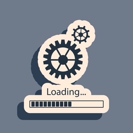 Black Loading and gear icon isolated on grey background. Progress bar icon. System software update. Loading process symbol. Long shadow style. Vector Illustrationのイラスト素材
