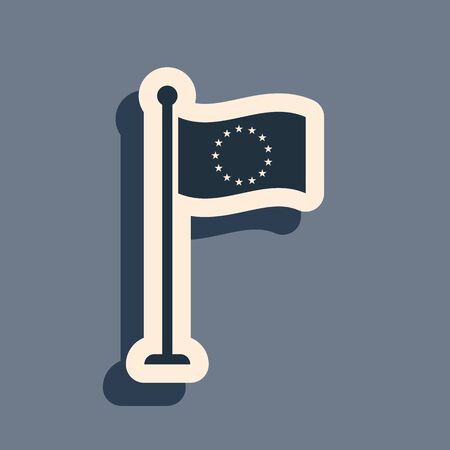 Black Flag of European Union icon isolated on grey background. EU circle symbol. Waving EU flag on a metallic pole. Long shadow style. Vector Illustrationのイラスト素材