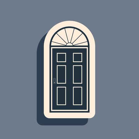 Black Closed door icon isolated on grey background. Long shadow style. Vector Illustrationのイラスト素材