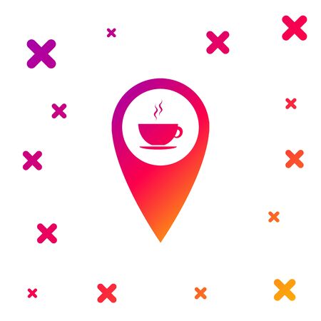 Color Map pointer with hot coffee cup icon isolated on white background. Gradient random dynamic shapes. Vector Illustrationのイラスト素材