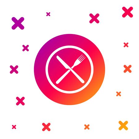 Color Crossed fork and knife on plate icon isolated on white background. Restaurant symbol. Gradient random dynamic shapes. Vector Illustrationのイラスト素材