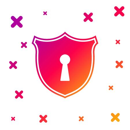 Color Shield with keyhole icon isolated on white background. Protection and security concept. Safety badge icon. Privacy banner. Defense tag. Gradient random dynamic shapes. Vector Illustrationのイラスト素材