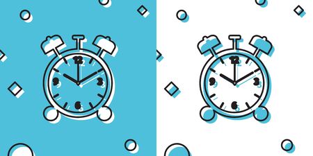 Black Alarm clock icon isolated on blue and white background. Wake up, get up concept. Time sign....