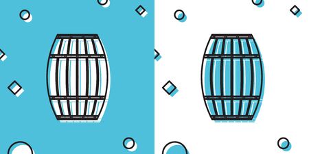 Black Wooden barrel icon isolated on blue and white background. Alcohol barrel, drink container, wooden keg for beer, whiskey, wine. Random dynamic shapes. Vector Illustrationのイラスト素材