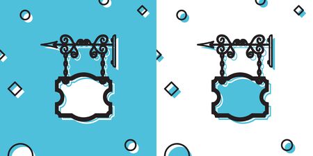Black Vintage street signboard hanging on forged brackets icon isolated on blue and white background. Suitable for advertisements bar, cafe, pub, restaurant. Random dynamic shapes. Vector Illustrationのイラスト素材