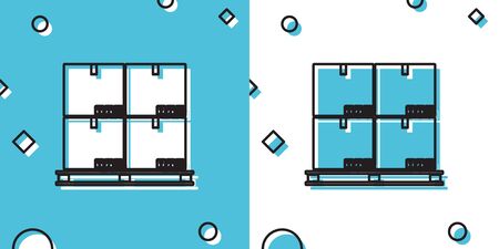 Black Cardboard boxes on pallet icon isolated on blue and white background. Closed carton delivery...